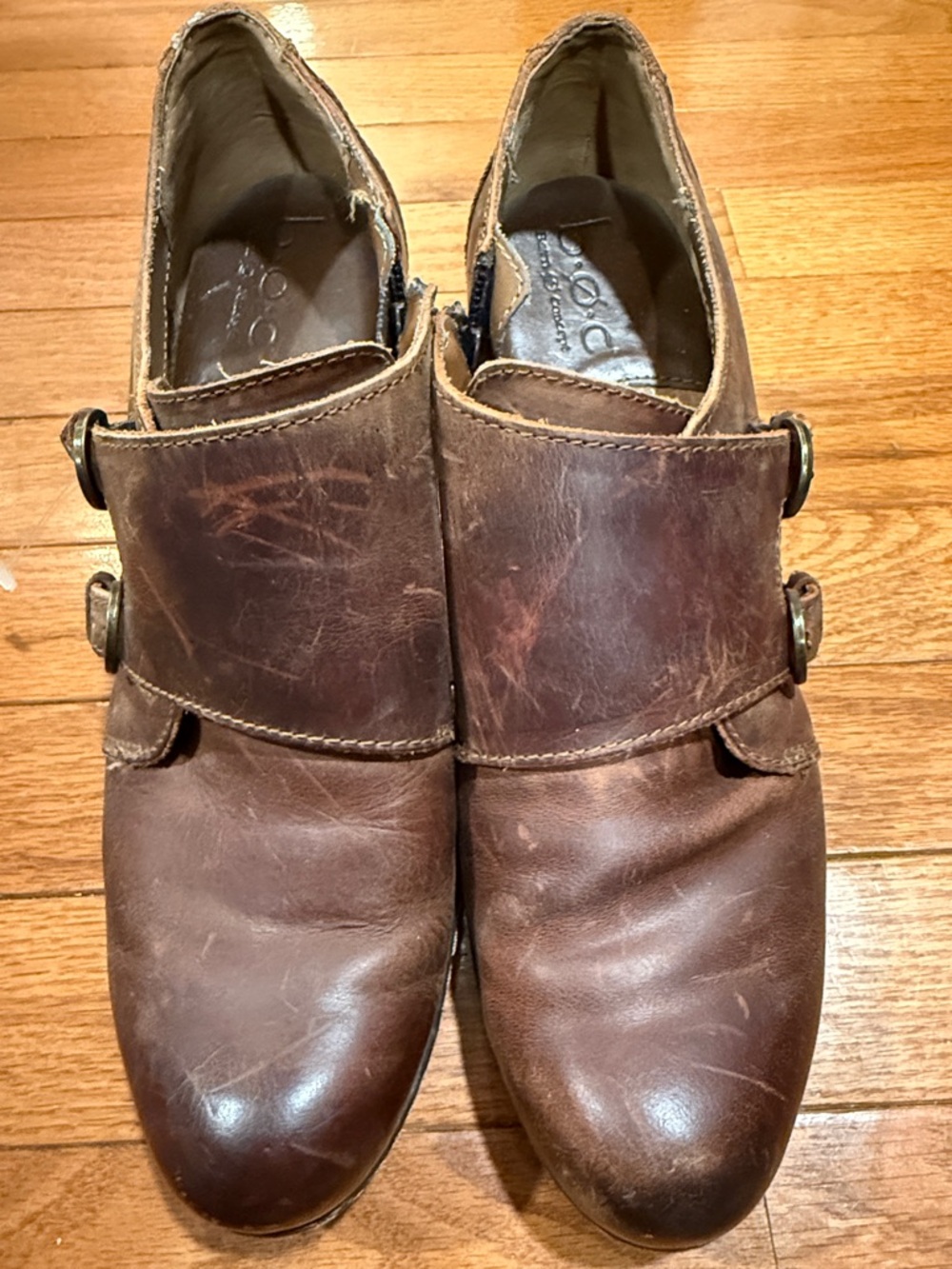 Born Concept Women’s Brown distressed leather ankle boots w/ a double buckle